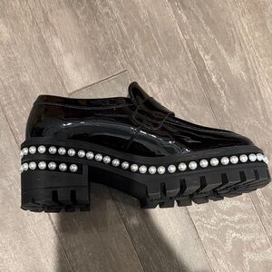 Stuart Weitzman Black Patent Loafers with Pearl Accents